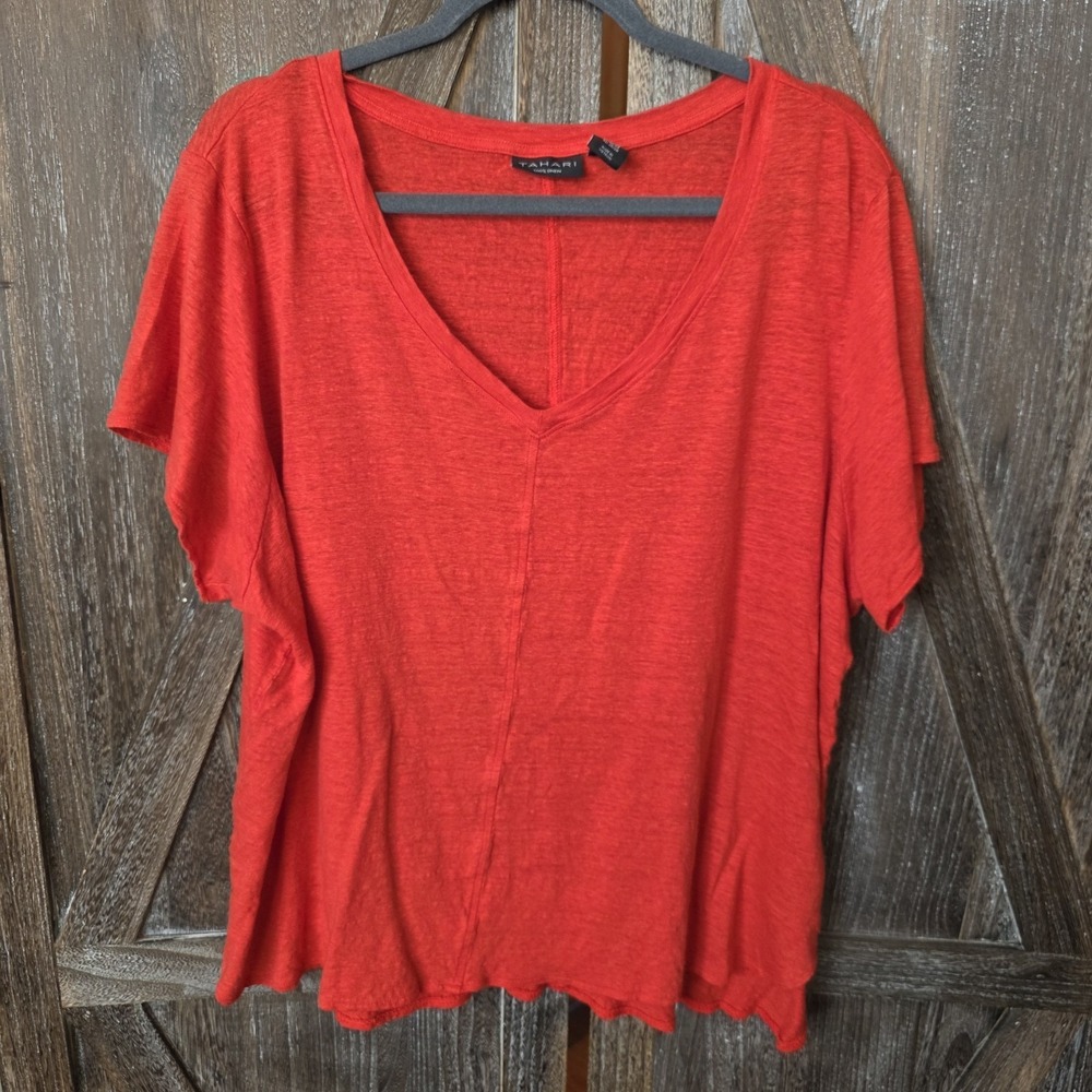 Tahari Shirt Women's Size 3X Bright Red 100% Linen Short‎ Sleeve Tunic V-Neck